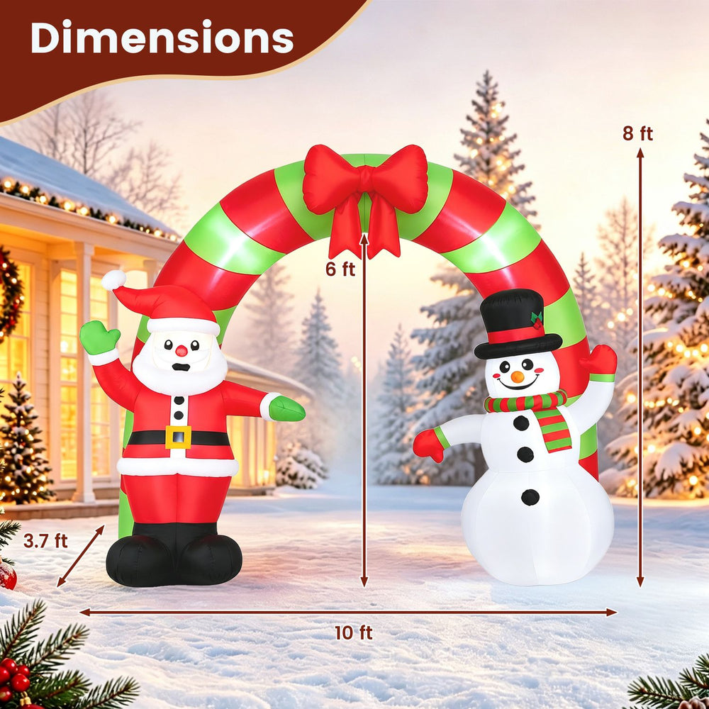 Christmas inflatable archway featuring Santa and a snowman, 10 ft wide, with LED lights for festive outdoor decor.