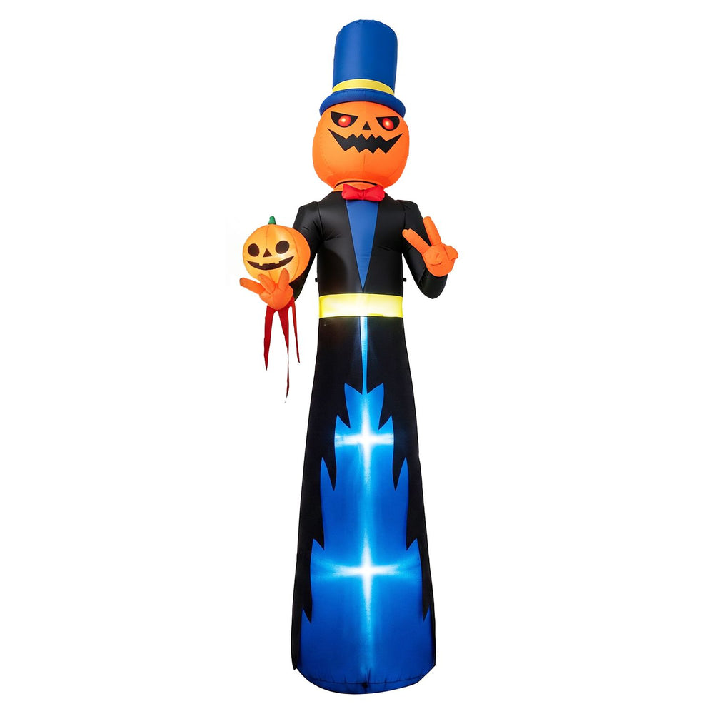 Animated 10 FT Halloween inflatable pumpkin gentleman with glowing eyes, holding a mini pumpkin for spooky yard decoration.