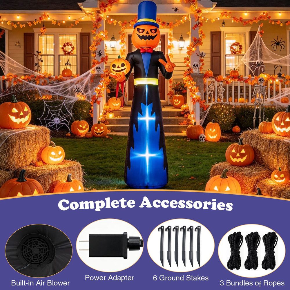 10 FT animated Halloween inflatable pumpkin gentleman decoration with glowing eyes, complete accessories for easy setup.