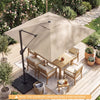 10 FT cantilever patio umbrella in beige with solar LED lights, providing ample shade for outdoor dining and relaxation.