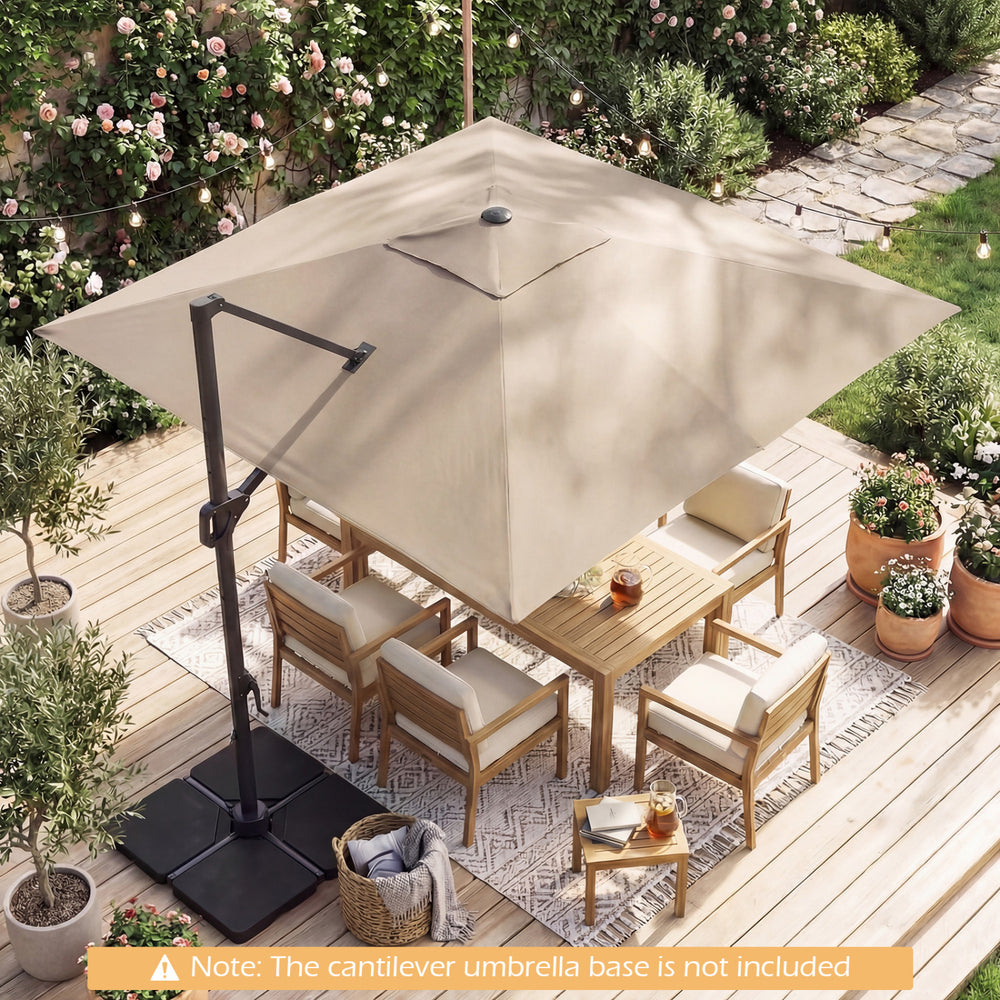 10 FT cantilever patio umbrella in beige with solar LED lights, providing ample shade for outdoor dining and relaxation.