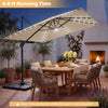10 FT beige cantilever patio umbrella with solar LED lights, providing optimal shade for outdoor dining and relaxation.