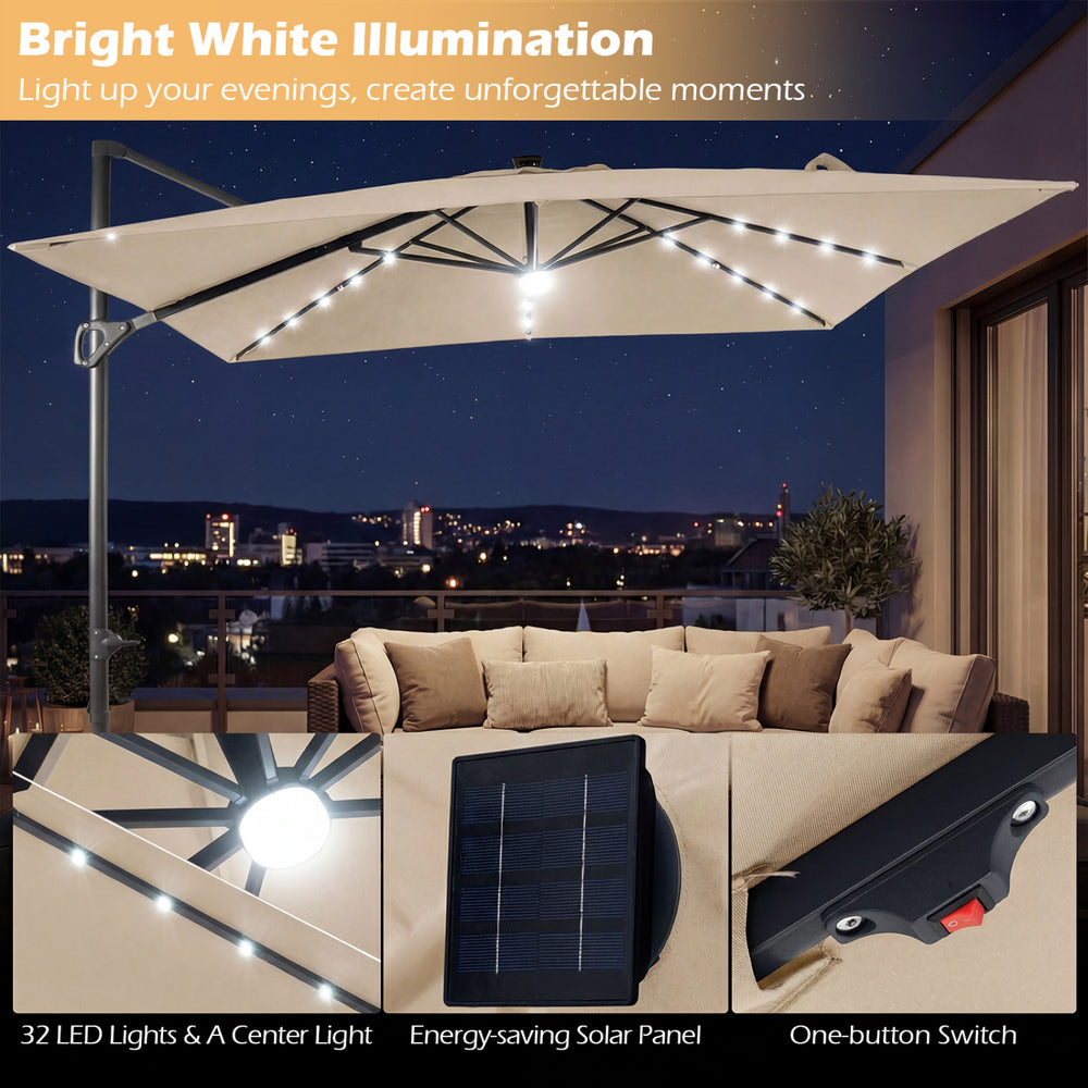 10 FT cantilever patio umbrella with beige canopy, solar LED lights, and tilt adjustment for optimal shade in outdoor.