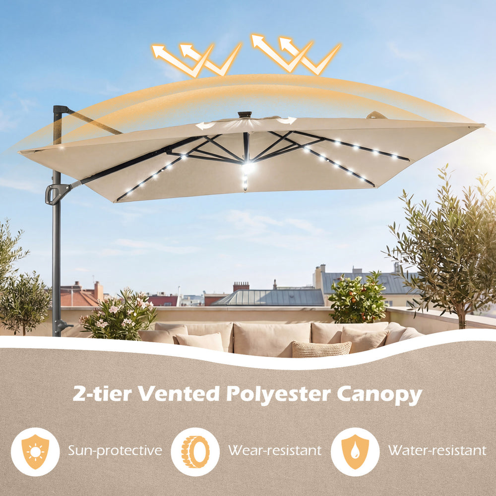 10 FT cantilever patio umbrella with beige 2-tier vented polyester canopy, solar LED lights, ideal for poolside shade.