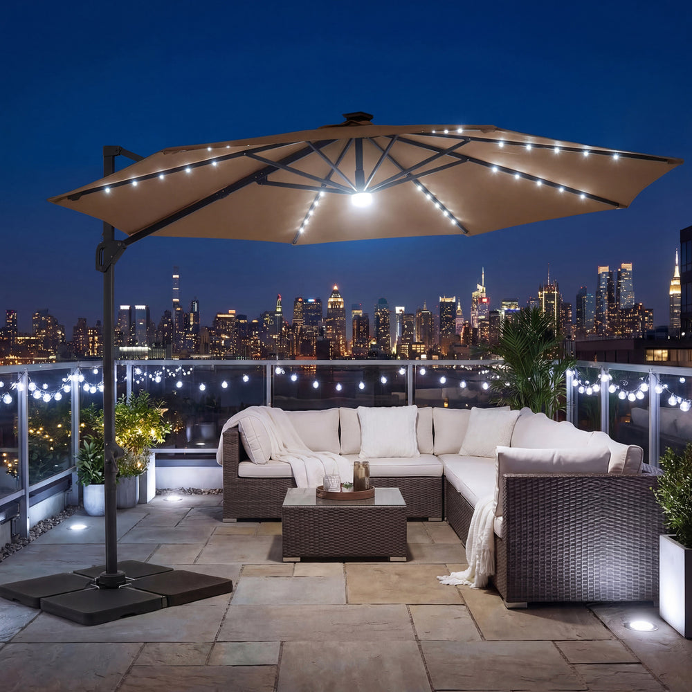 10 FT cantilever patio umbrella in brown with solar LED lights, 360° rotation, and a sturdy design for outdoor.