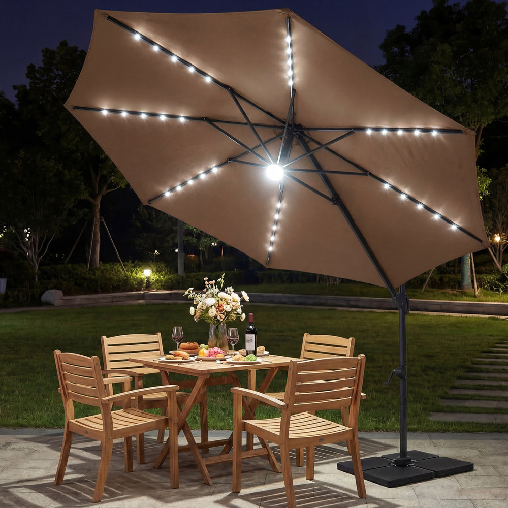 Brown 10 FT cantilever patio umbrella with a solar panel and 28 LED lights, providing stylish evening illumination.