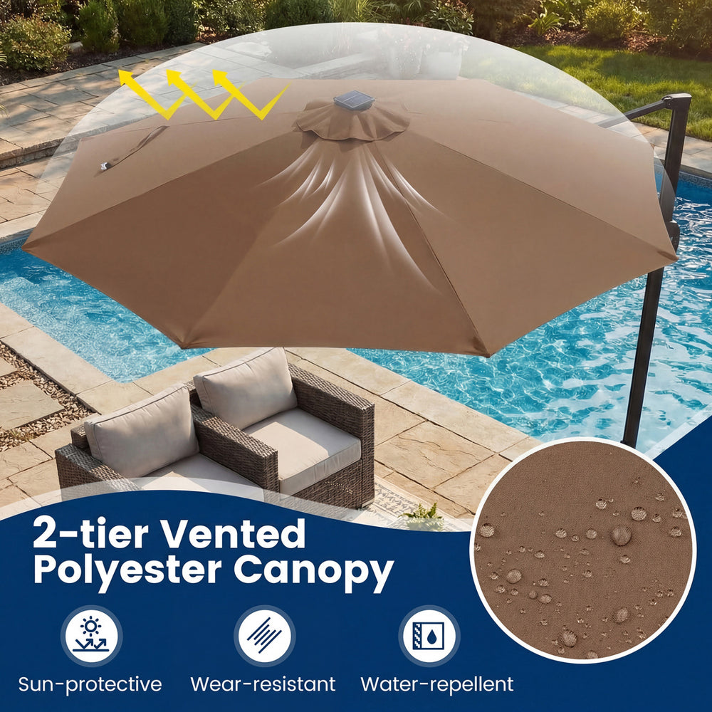 10 FT cantilever patio umbrella with a 2-tier vented polyester canopy, sun-protective and water-resistant, ideal for.