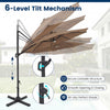 10 FT cantilever patio umbrella with 6-level tilt mechanism and solar LED lights for optimal shade and evening ambiance.