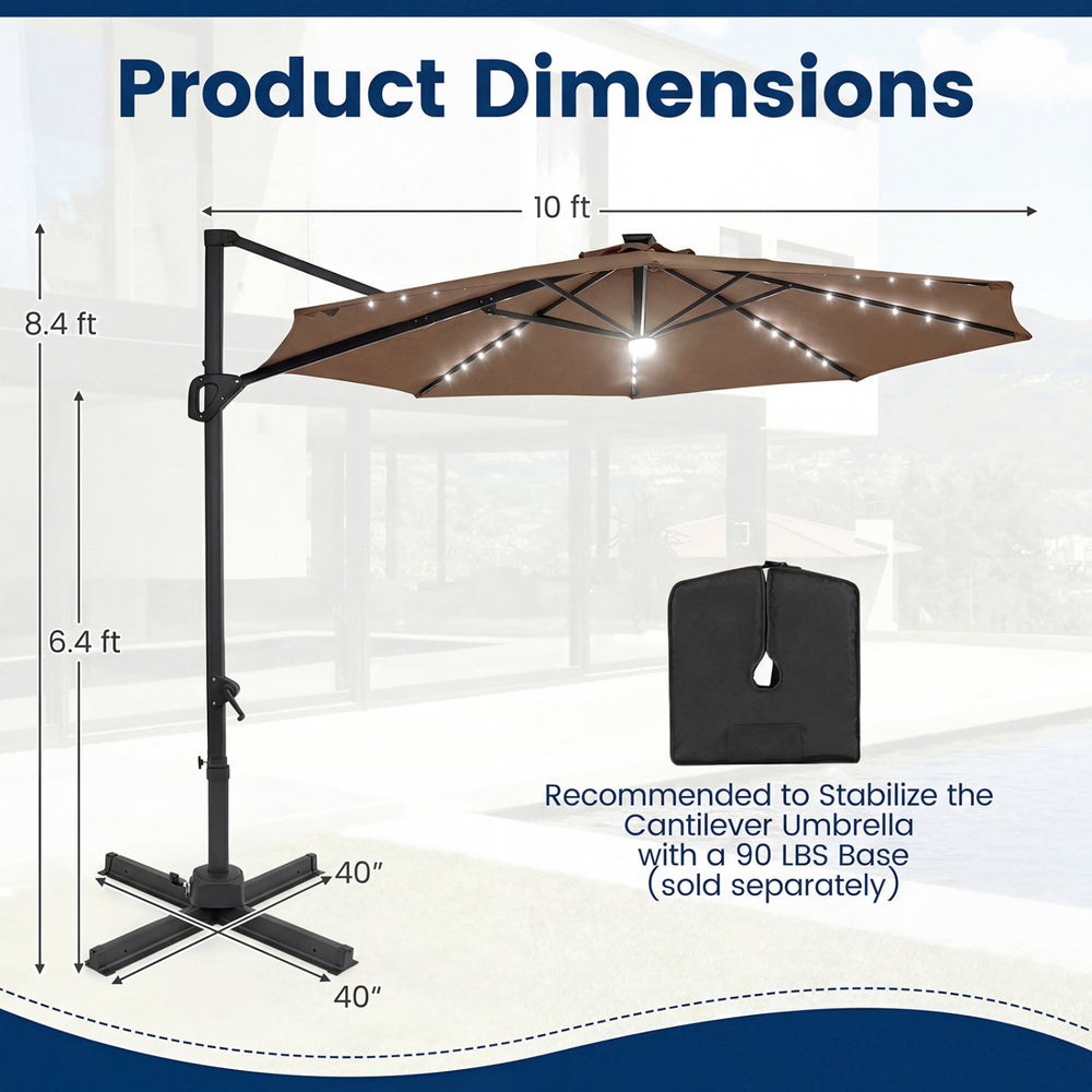 10 FT cantilever patio umbrella in brown with solar LED lights, featuring 360° rotation and a stable design for outdoor.