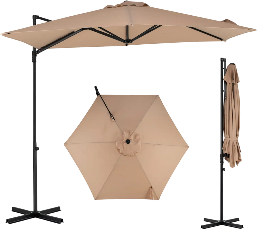 The 10 FT cantilever patio umbrella in tan features a convenient hook & loop strap for secure closure and storage.