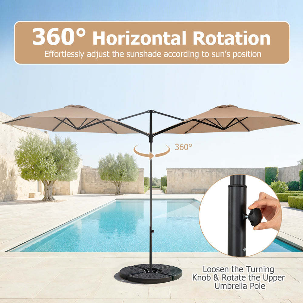10 FT cantilever patio umbrella in tan with 360° rotation, perfect for poolside sunbathing or garden gatherings.