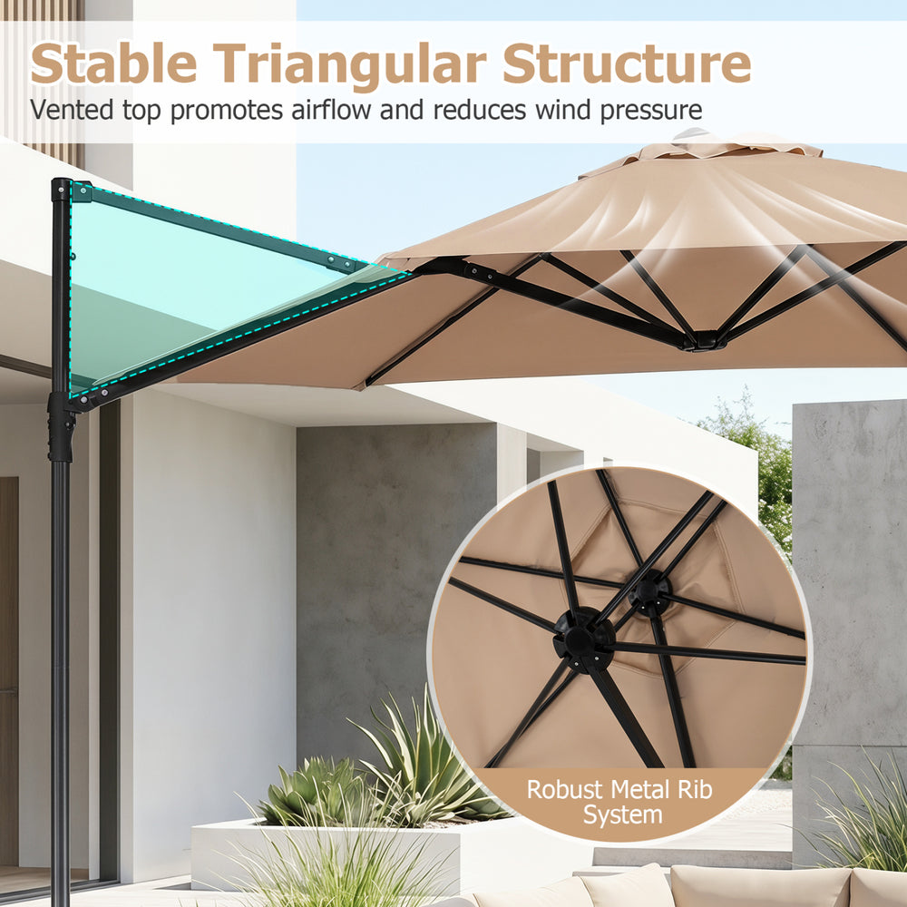 Stable triangular structure and vented top of the 10 FT cantilever patio umbrella provide reliable strength and airflow.