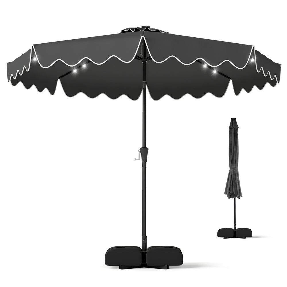 10 FT gray outdoor patio umbrella with solar LED lights, ruffled edges, and weighted base for stylish shade.
