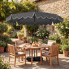 Gray 10 FT outdoor patio umbrella with solar LED lights, featuring ruffled edges and a weighted base for secure.