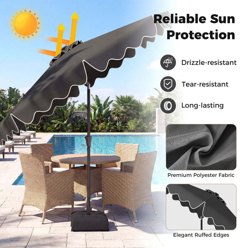 Gray 10 FT outdoor patio umbrella with solar LED lights, featuring a weighted base and elegant ruffled edges for.