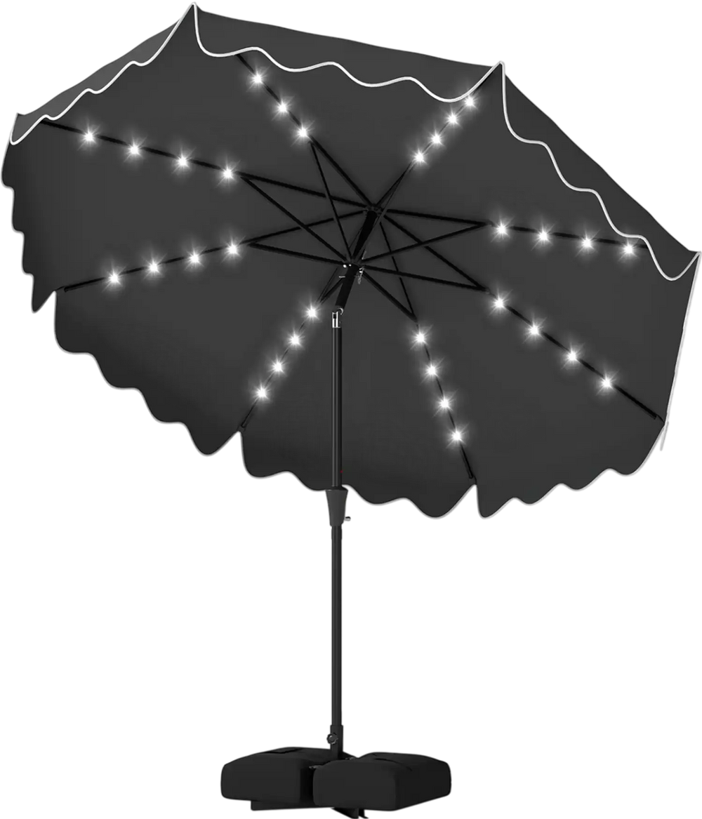 Gray 10 FT outdoor patio umbrella with solar LED lights, ruffled edges, and weighted base for stylish shade.