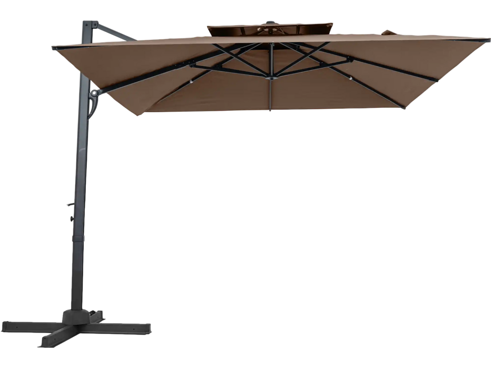 10 FT tan patio cantilever umbrella with 360° rotation, 8 sturdy ribs, and a stable base for backyard shade.
