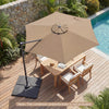 Tan 10 ft patio cantilever umbrella with 360° rotation, providing sun shade for backyard and poolside relaxation.
