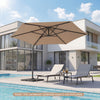 10 FT tan patio cantilever umbrella with 360° rotation, providing sun shade for poolside relaxation and outdoor seating.