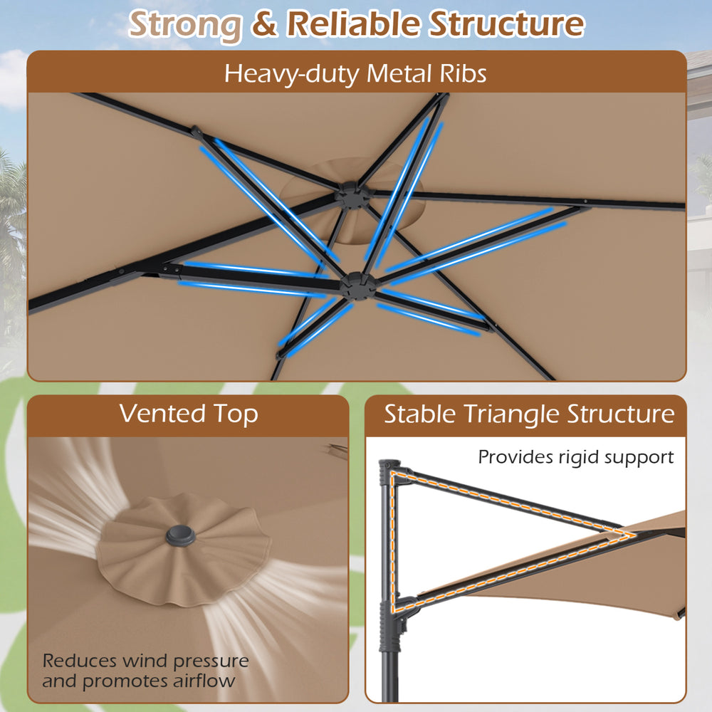 Heavy-duty metal ribs and vented top of the 10 FT patio cantilever umbrella for reliable outdoor shade and airflow.