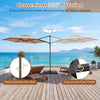 10 FT patio cantilever umbrella with 360° rotation, tan fabric, and vented top for backyard and poolside shade.