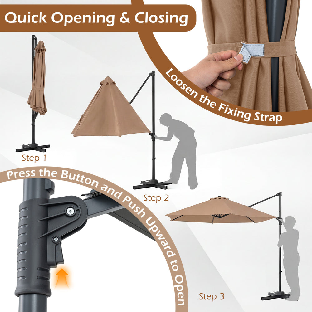 Step-by-step guide for opening the 10 FT tan patio cantilever umbrella with 360° rotation for backyard use.