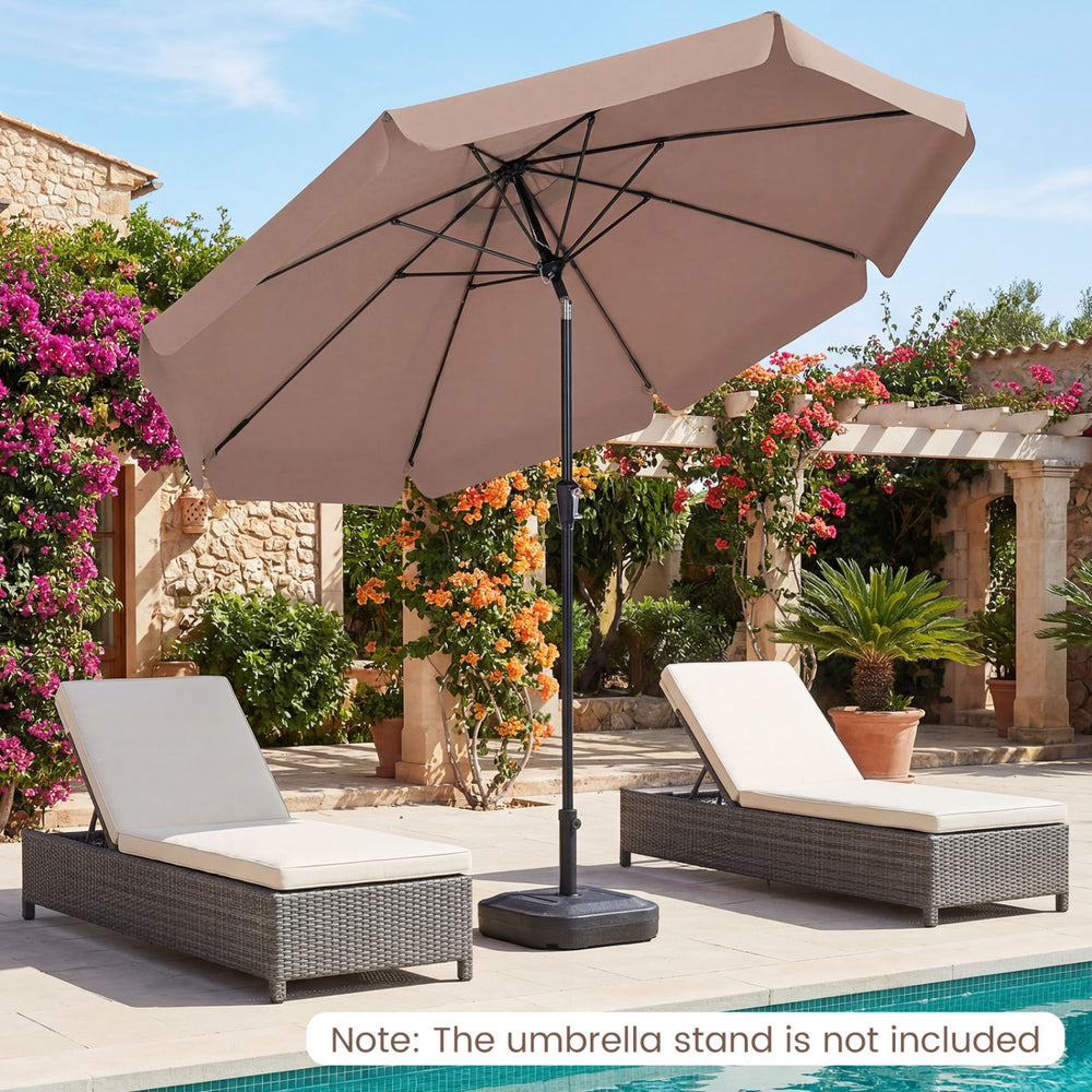 Brown 10 FT scalloped patio umbrella with push button tilt, featuring 8 fiberglass ribs for sturdy support and air vent.