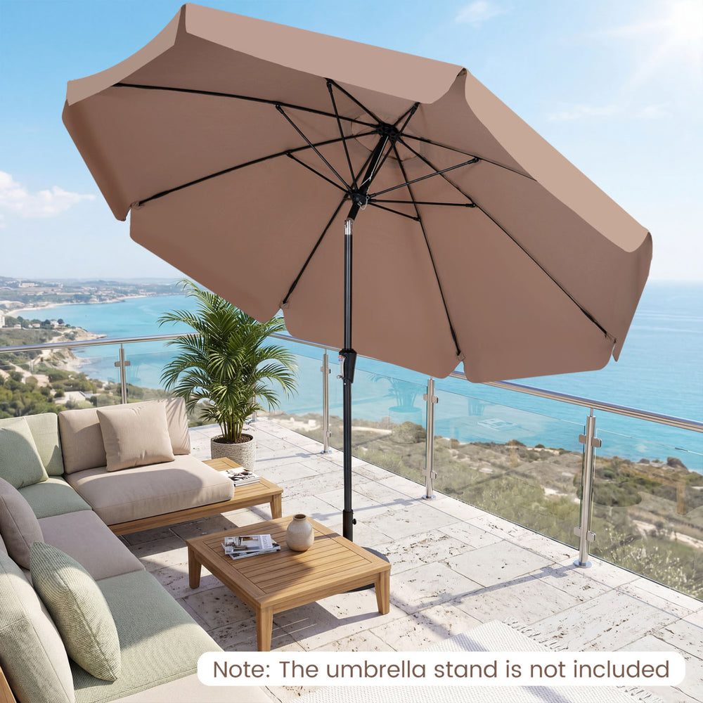 10 FT brown scalloped patio umbrella with push button tilt, 8 fiberglass ribs, and air vent for outdoor shade.