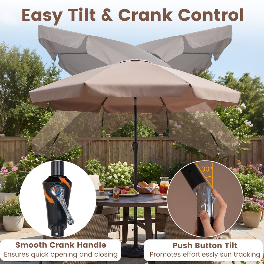 10 FT brown scalloped patio umbrella with push button tilt and smooth crank handle for easy sun tracking and support.