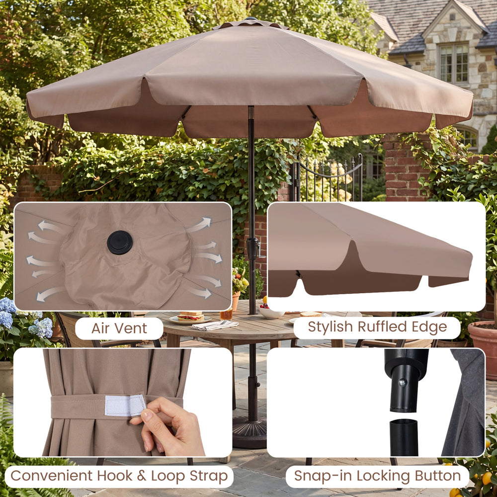 10 FT brown scalloped patio umbrella featuring a push button tilt, air vent, and stylish ruffled edge for outdoor use.