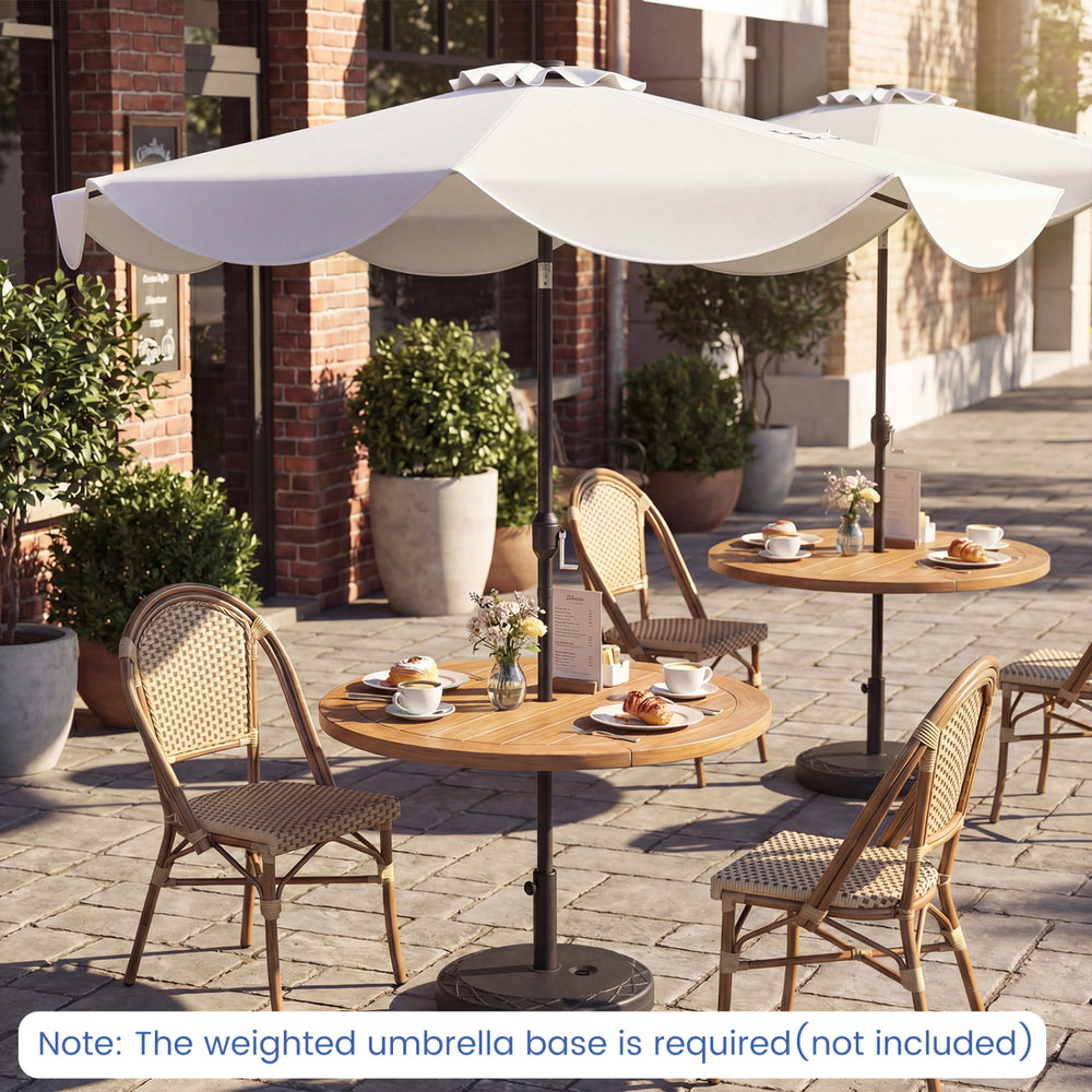 10 FT beige scalloped solar patio umbrella with 24 LED lights, tilt adjustment, and sturdy metal ribs for outdoor use.