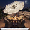 10 FT beige scalloped solar patio umbrella with 24 LED lights, tilted for shade, perfect for outdoor dining.