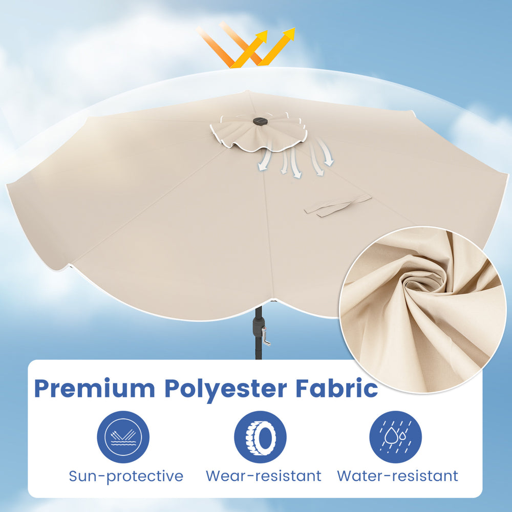 10 FT beige scalloped patio umbrella with solar LED lights, featuring wear-resistant polyester fabric for sun.