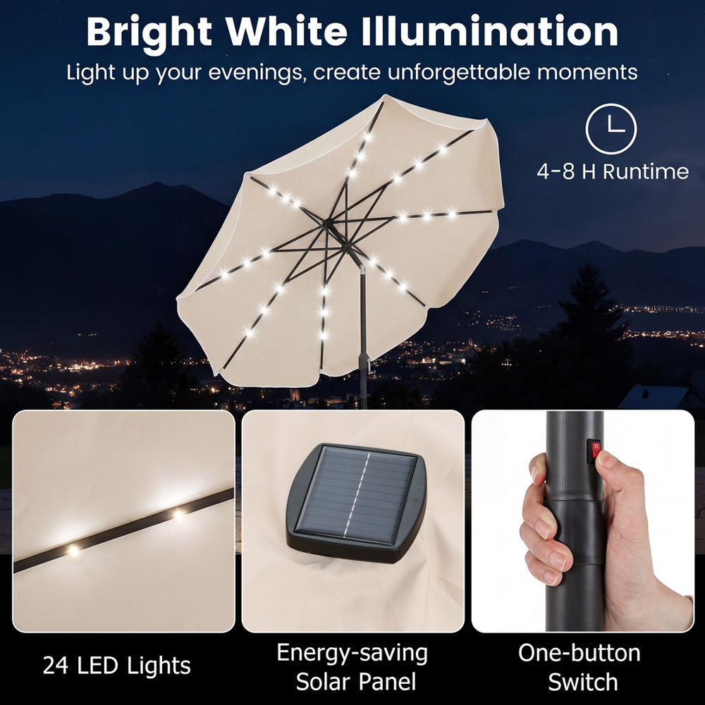 10 FT beige solar patio umbrella with 24 LED lights, tilt adjustment, and crank handle for easy operation.