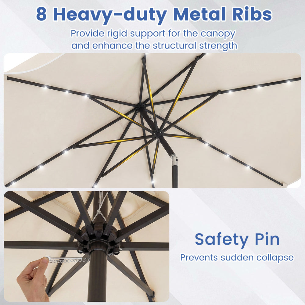 Heavy-duty metal ribs of the 10 FT scalloped solar patio umbrella provide strong support and prevent sudden collapse.