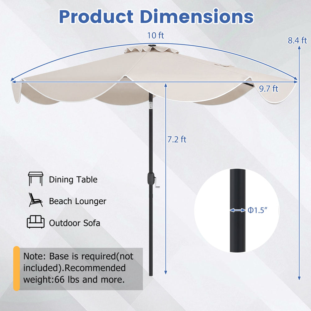 10 FT scalloped solar patio umbrella with beige canopy, featuring tilt adjustment and 24 LED lights for outdoor use.