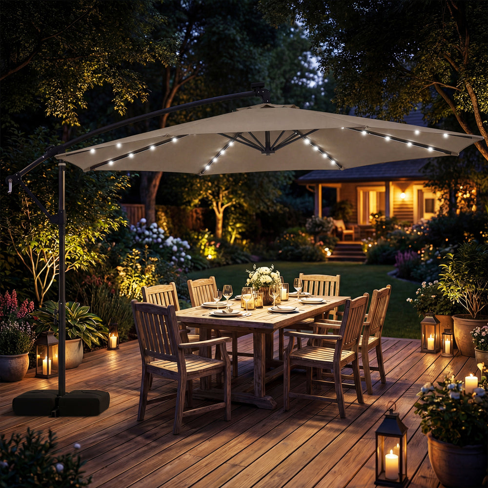 10 FT Solar LED Offset Cantilever Patio Umbrella Hanging Outdoor Market Umbrella-Brown - Gallery View 1 of 10