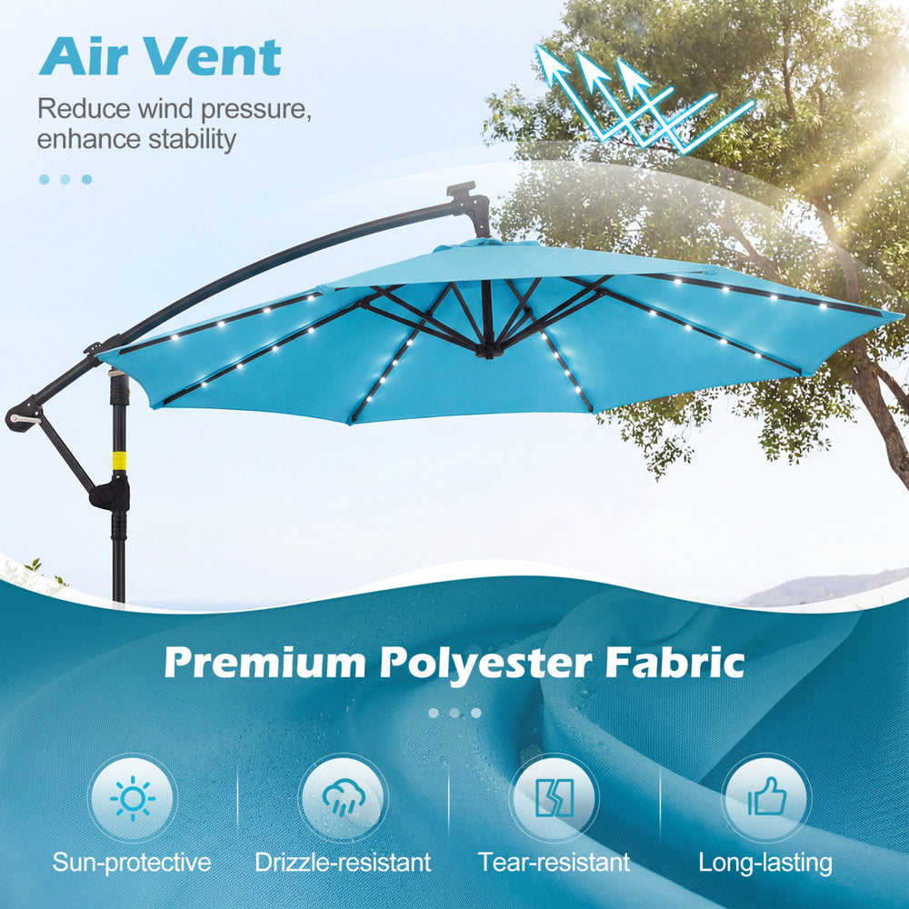 Turquoise 10 ft solar LED offset patio umbrella with air vent, premium polyester fabric, for outdoor gatherings.