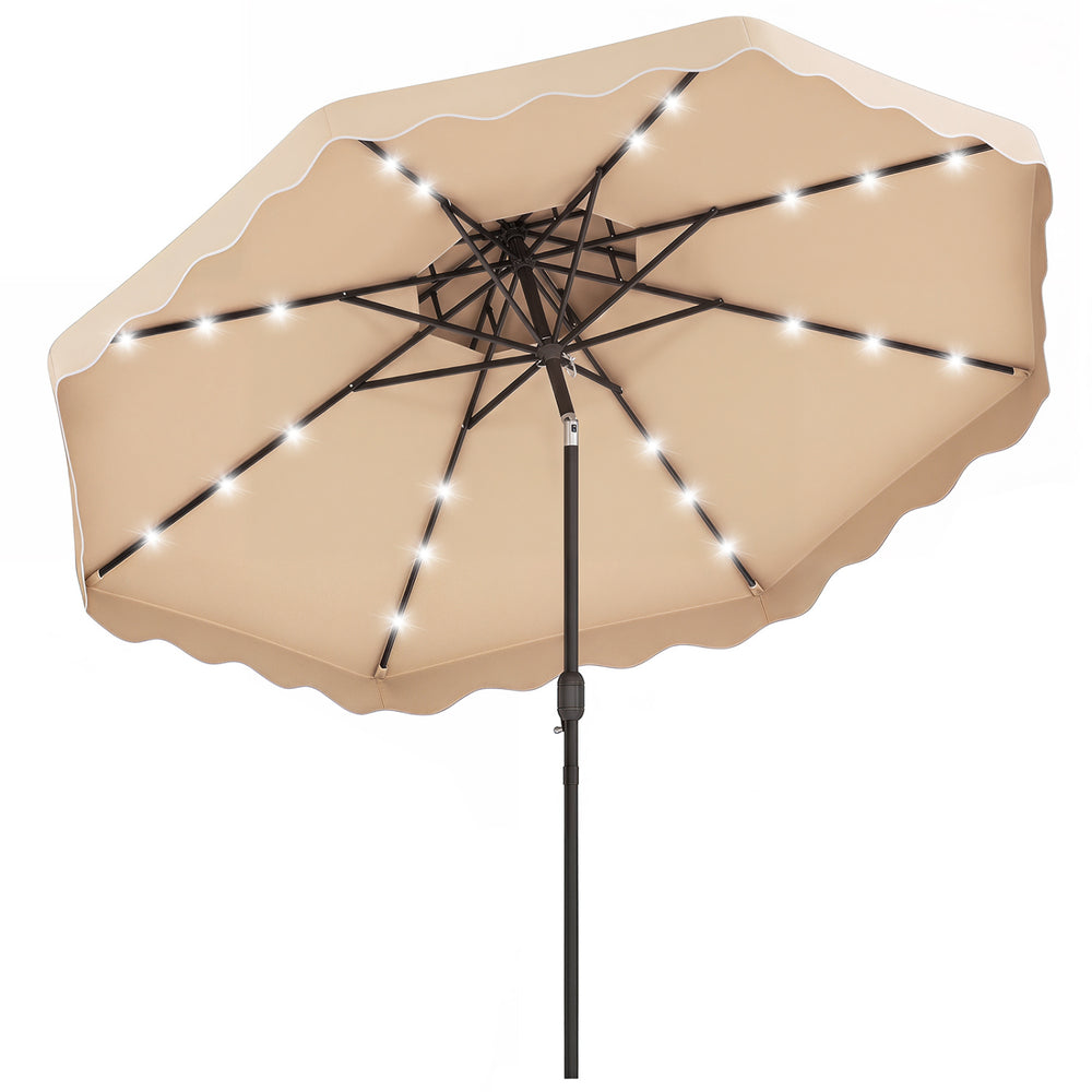 10 FT beige solar LED patio umbrella with 24 lights, push-button tilt, and smooth crank for easy operation.