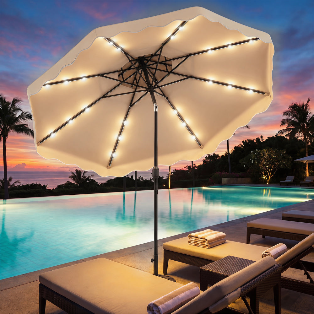 10 FT beige solar LED patio umbrella with lights, providing shade by the pool for evening gatherings and relaxation.