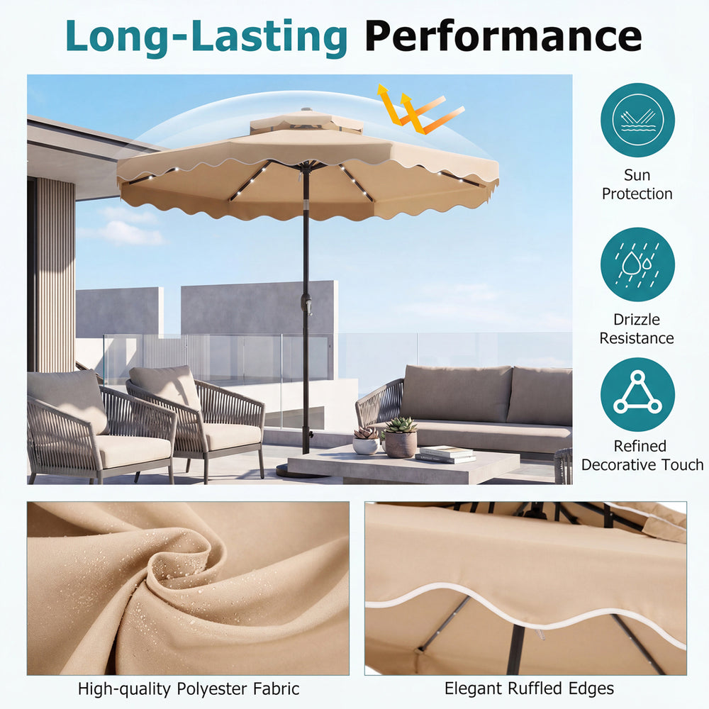 10 FT beige solar LED patio umbrella with push-button tilt and vented top, perfect for deck and poolside shade.