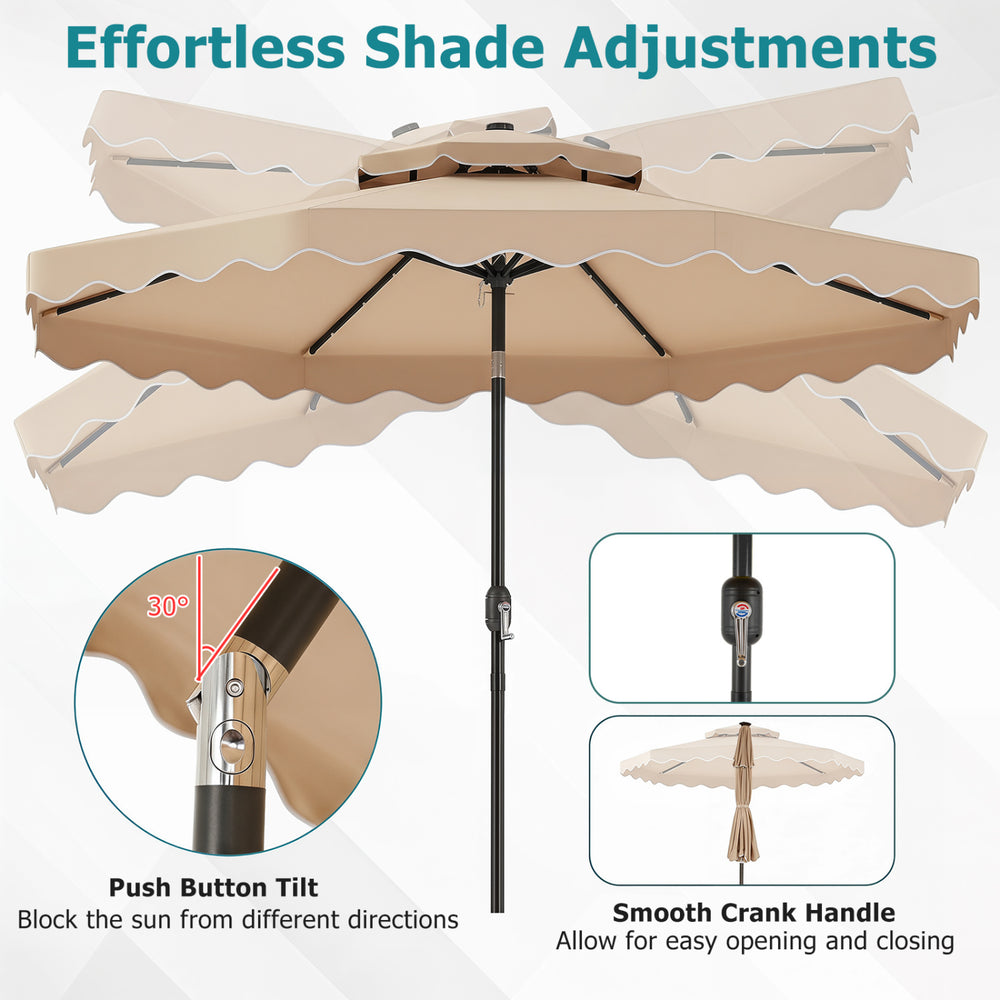 10 FT beige solar LED patio umbrella with push-button tilt and smooth crank handle for easy shade adjustments.