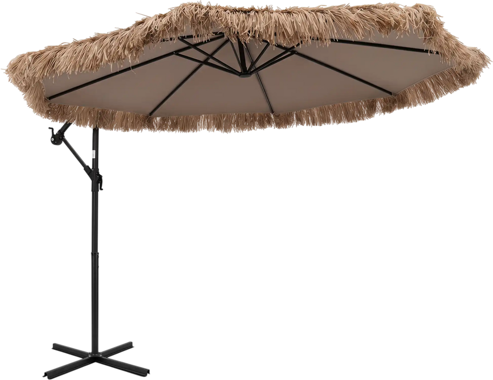 The 10 FT solar thatched cantilever umbrella features a brown design with a crank lift and infinite tilt mechanism for shade.