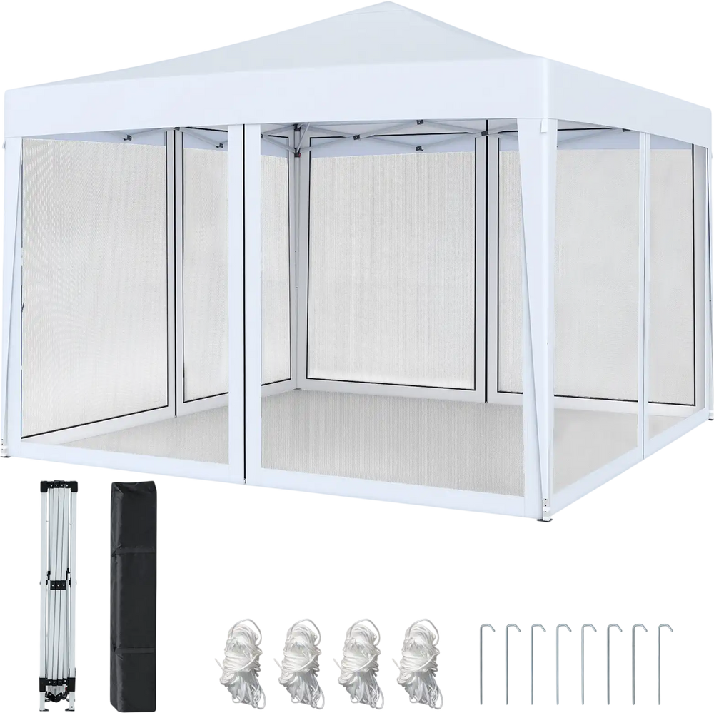 10 FT x 10 FT white pop-up canopy tent with mesh netting, featuring easy setup and reinforced support for outdoor.