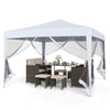 Pop-up canopy tent with mesh netting, 10 FT x 10 FT, ideal for outdoor parties and picnics, featuring easy setup.