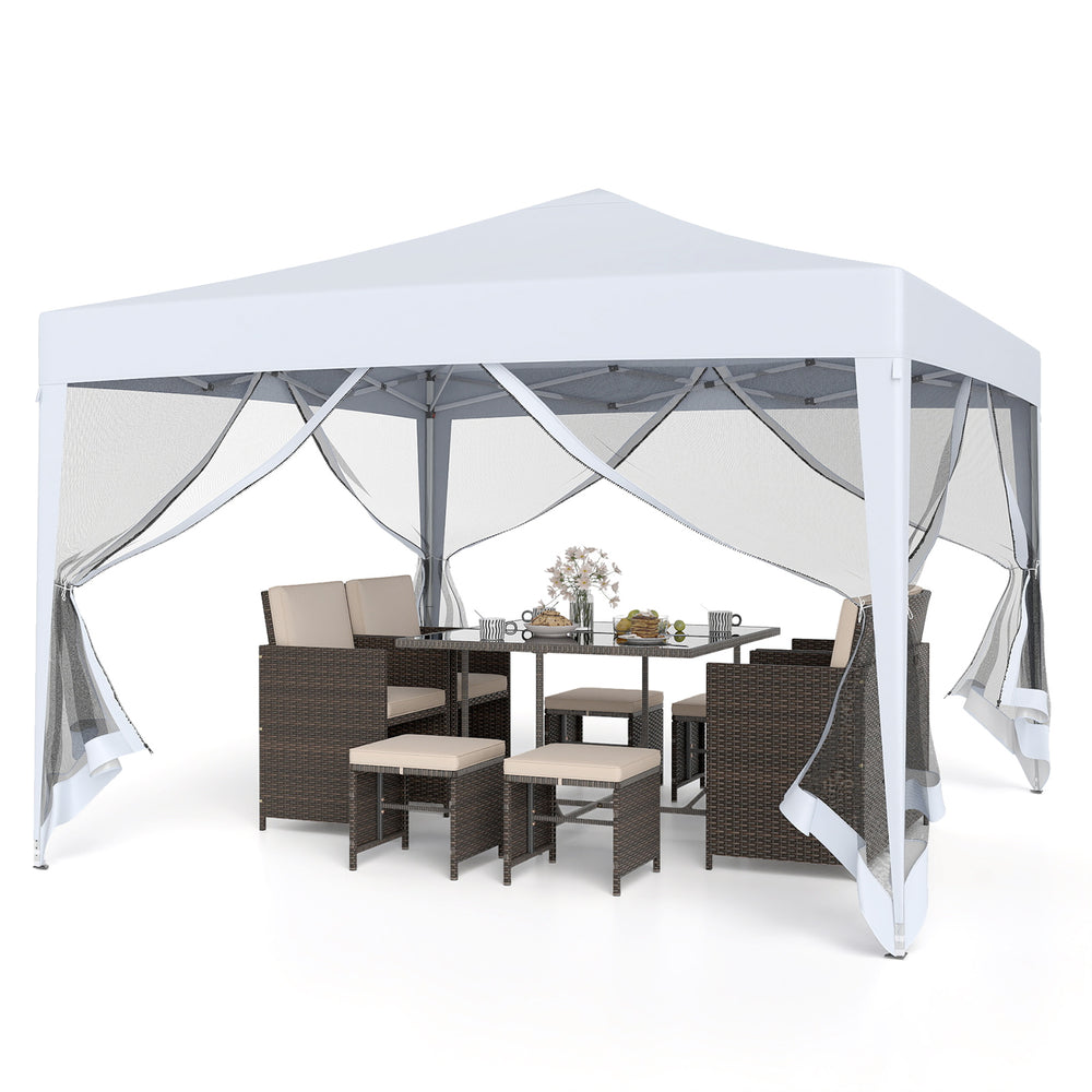 Pop-up canopy tent with mesh netting, 10 FT x 10 FT, ideal for outdoor parties and picnics, featuring easy setup.