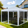 Pop-up 10 FT x 10 FT canopy tent with mesh netting, ideal for outdoor gatherings and easy setup in any backyard.