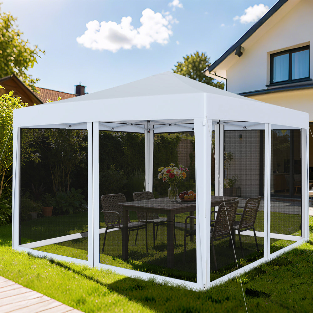 Pop-up 10 FT x 10 FT canopy tent with mesh netting, ideal for outdoor gatherings and easy setup in any backyard.