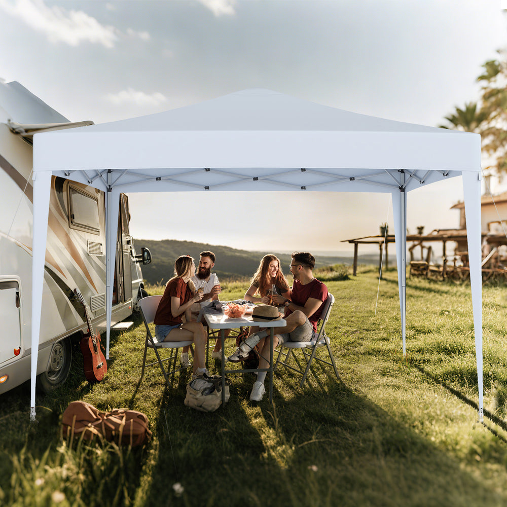 Pop-up canopy tent with mesh netting, perfect for outdoor gatherings, featuring a sturdy white design and easy setup.