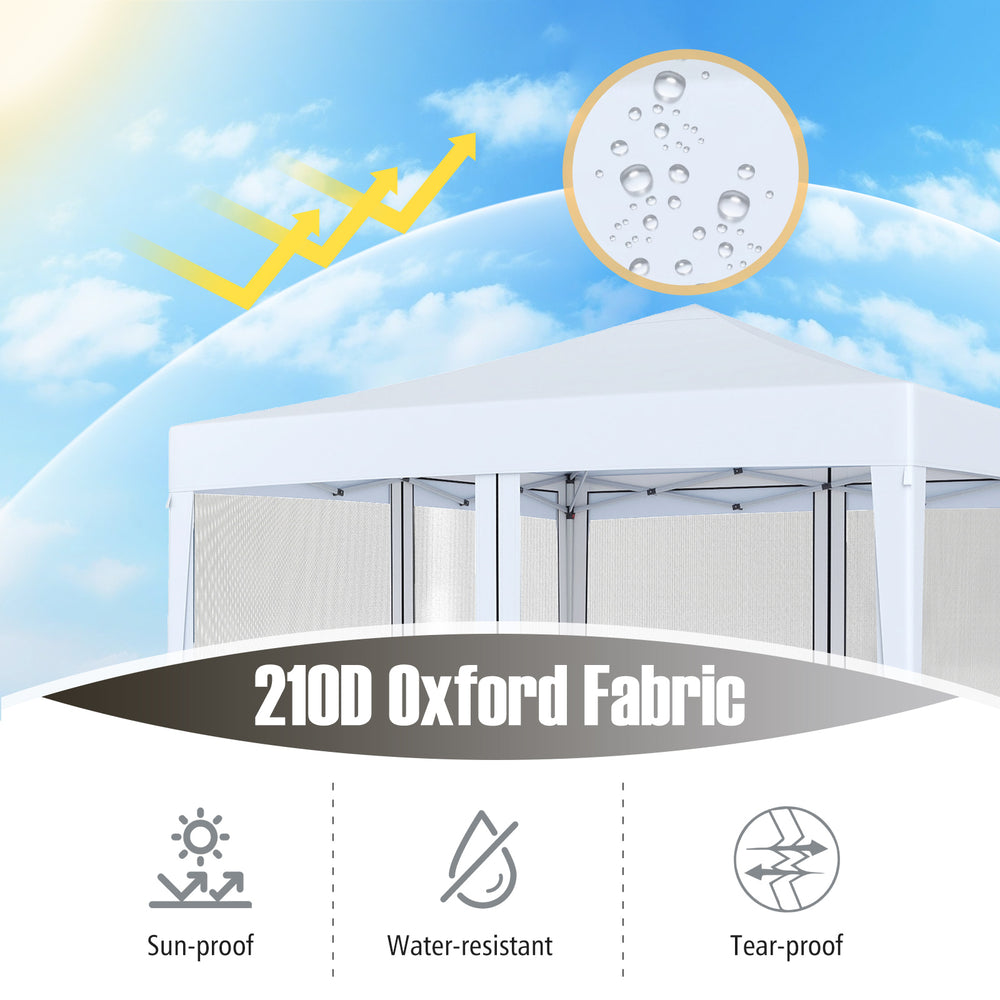 Close-up of 210D oxford fabric showcasing sun-proof, water-resistant, and tear-proof features for a pop-up canopy tent.